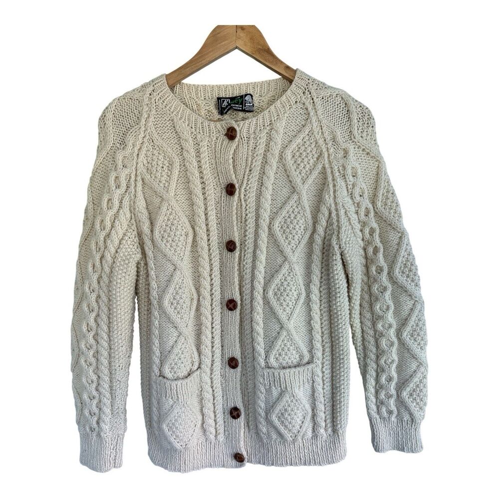 Vintage Abbey Button Front Virgin Wool Fisherman Handknit Irish Cardigan Chunky